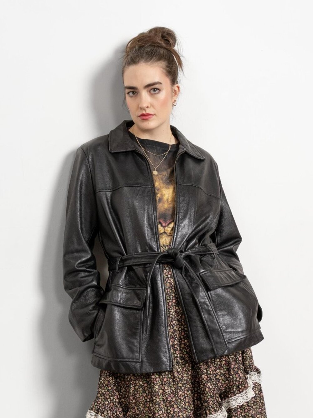 BLACK LEATHER BLAZER Vintage Coat Jacket Trench Belted Woman 90's Large